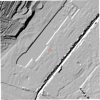 Shaded relief map of the ground around BS207PD, computed from Environment Agency LiDAR. The ground here sits at about 9 m above sea level and falls 51 m across the surrounding 800 m. The ground contributing surface water to this point lies to the south-west.