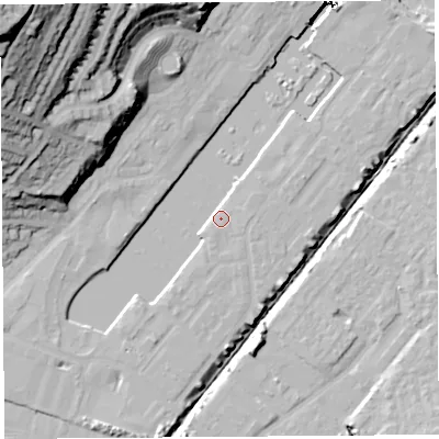 Shaded relief map of the ground around BS207PE, computed from Environment Agency LiDAR. The ground here sits at about 9 m above sea level and falls 64 m across the surrounding 800 m. Surface water reaching this point runs off ground lying to the south-south-west, 2.9 m higher.
