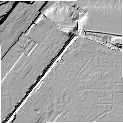 Shaded relief map of the ground around BS207PG, computed from Environment Agency LiDAR. The ground here sits at about 8 m above sea level and falls 40 m across the surrounding 800 m. Surface water reaching this point runs off ground lying to the east-north-east, 7.5 m higher.