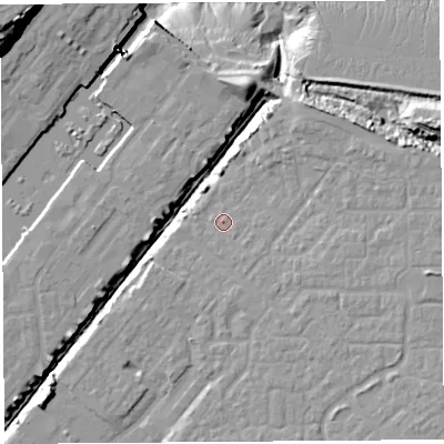 Shaded relief map of the ground around BS207PH, computed from Environment Agency LiDAR. The ground here sits at about 8 m above sea level and falls 33 m across the surrounding 800 m. Surface water reaching this point runs off ground lying to the east-south-east, 1.7 m higher.