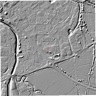 Shaded relief map of the ground around BS207PJ, computed from Environment Agency LiDAR. The ground here sits at about 7 m above sea level and falls 7 m across the surrounding 800 m. Surface water reaching this point runs off ground lying to the south-east, 2.0 m higher.