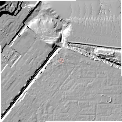 Shaded relief map of the ground around BS207PL, computed from Environment Agency LiDAR. The ground here sits at about 10 m above sea level and falls 46 m across the surrounding 800 m. Surface water reaching this point runs off ground lying to the east-north-east, 2.8 m higher.
