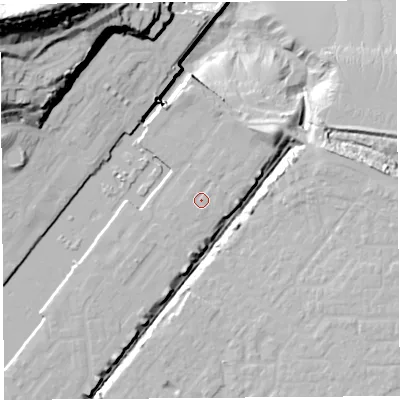 Shaded relief map of the ground around BS207PR, computed from Environment Agency LiDAR. The ground here sits at about 9 m above sea level and falls 64 m across the surrounding 800 m. Surface water reaching this point runs off ground lying to the west, 0.8 m higher.