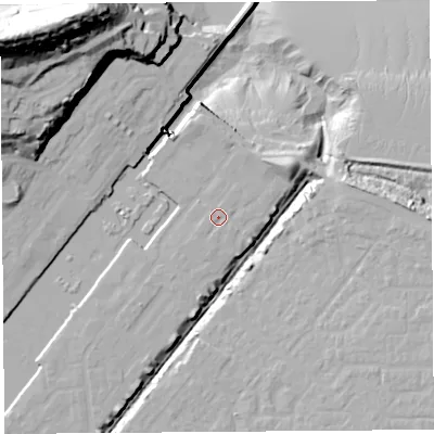 Shaded relief map of the ground around BS207PS, computed from Environment Agency LiDAR. The ground here sits at about 9 m above sea level and falls 64 m across the surrounding 800 m. Surface water reaching this point runs off ground lying to the south-west, 0.9 m higher.