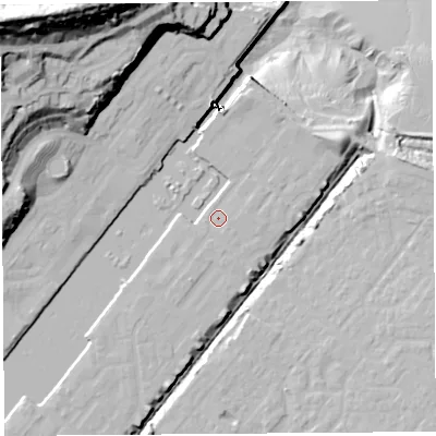 Shaded relief map of the ground around BS207PT, computed from Environment Agency LiDAR. The ground here sits at about 9 m above sea level and falls 65 m across the surrounding 800 m. Surface water reaching this point runs off ground lying to the north-north-east, 1.9 m higher.