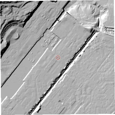Shaded relief map of the ground around BS207PU, computed from Environment Agency LiDAR. The ground here sits at about 9 m above sea level and falls 51 m across the surrounding 800 m. Surface water reaching this point runs off ground lying to the north-north-east, 0.5 m higher.