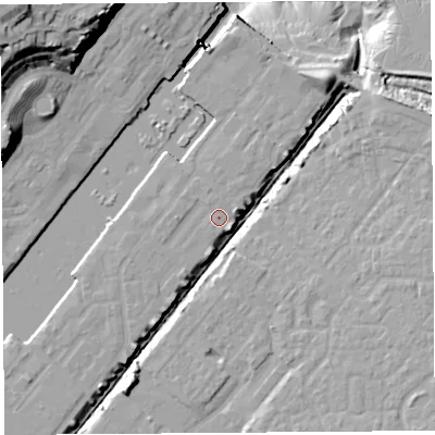 Shaded relief map of the ground around BS207PW, computed from Environment Agency LiDAR. The ground here sits at about 9 m above sea level and falls 37 m across the surrounding 800 m. Surface water reaching this point runs off ground lying to the east-north-east, 1.2 m higher.