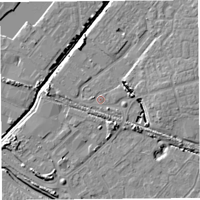 Shaded relief map of the ground around BS207QA, computed from Environment Agency LiDAR. The ground here sits at about 7 m above sea level and falls 9 m across the surrounding 800 m. Surface water reaching this point runs off ground lying to the east, 7.4 m higher.