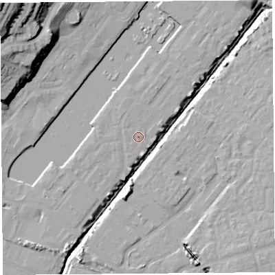 Shaded relief map of the ground around BS207QE, computed from Environment Agency LiDAR. The ground here sits at about 9 m above sea level and falls 40 m across the surrounding 800 m. Surface water reaching this point runs off ground lying to the north-north-west, 0.9 m higher.