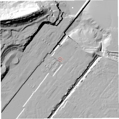 Shaded relief map of the ground around BS207QH, computed from Environment Agency LiDAR. The ground here sits at about 9 m above sea level and falls 66 m across the surrounding 800 m. Surface water reaching this point runs off ground lying to the north-north-east, 1.8 m higher.