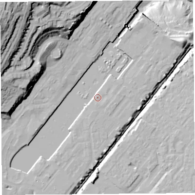 Shaded relief map of the ground around BS207QJ, computed from Environment Agency LiDAR. The ground here sits at about 9 m above sea level and falls 55 m across the surrounding 800 m. Surface water reaching this point runs off ground lying to the east-north-east, 2.3 m higher.