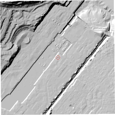 Shaded relief map of the ground around BS207QL, computed from Environment Agency LiDAR. The ground here sits at about 8 m above sea level and falls 66 m across the surrounding 800 m. Surface water reaching this point runs off ground lying to the north-east, 5.3 m higher.