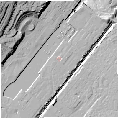 Shaded relief map of the ground around BS207QN, computed from Environment Agency LiDAR. The ground here sits at about 9 m above sea level and falls 53 m across the surrounding 800 m. Surface water reaching this point runs off ground lying to the east, 0.9 m higher.