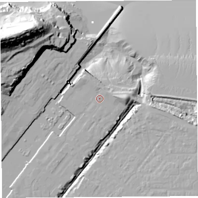 Shaded relief map of the ground around BS207QT, computed from Environment Agency LiDAR. The ground here sits at about 9 m above sea level and falls 65 m across the surrounding 800 m. Surface water reaching this point runs off ground lying to the north-north-west, 1.6 m higher.