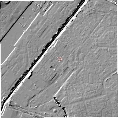 Shaded relief map of the ground around BS207QX, computed from Environment Agency LiDAR. The ground here sits at about 8 m above sea level and falls 13 m across the surrounding 800 m. Surface water reaching this point runs off ground lying to the north-north-west, 0.9 m higher.