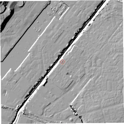 Shaded relief map of the ground around BS207QY, computed from Environment Agency LiDAR. The ground here sits at about 8 m above sea level and falls 27 m across the surrounding 800 m. Surface water reaching this point runs off ground lying to the south-west, 9.4 m higher.