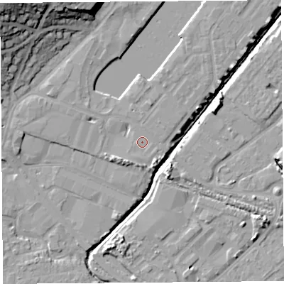 Shaded relief map of the ground around BS207QZ, computed from Environment Agency LiDAR. The ground here sits at about 9 m above sea level and falls 28 m across the surrounding 800 m. Surface water reaching this point runs off ground lying to the east-south-east, 0.6 m higher.