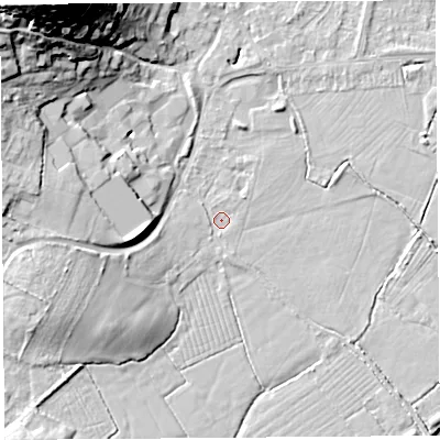 Shaded relief map of the ground around BS207RA, computed from Environment Agency LiDAR. The ground here sits at about 7 m above sea level and falls 38 m across the surrounding 800 m. Surface water reaching this point runs off ground lying to the west-south-west, 4.0 m higher.