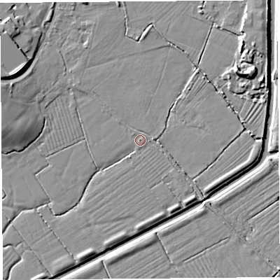 Shaded relief map of the ground around BS207RB, computed from Environment Agency LiDAR. The ground here sits at about 7 m above sea level and falls 9 m across the surrounding 800 m. Surface water reaching this point runs off ground lying to the north-west, 1.3 m higher.