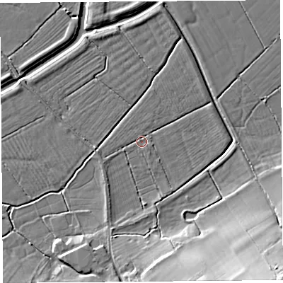 Shaded relief map of the ground around BS207RD, computed from Environment Agency LiDAR. The ground here sits at about 6 m above sea level and falls 21 m across the surrounding 800 m. Surface water reaching this point runs off ground lying to the west-south-west, 1.5 m higher.