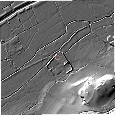 Shaded relief map of the ground around BS207RF, computed from Environment Agency LiDAR. The ground here sits at about 6 m above sea level and falls 39 m across the surrounding 800 m. Surface water reaching this point runs off ground lying to the east-south-east, 3.7 m higher.