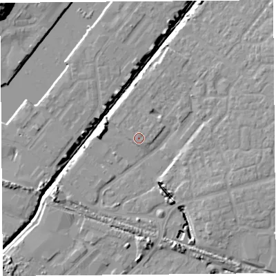 Shaded relief map of the ground around BS207RL, computed from Environment Agency LiDAR. The ground here sits at about 8 m above sea level and falls 21 m across the surrounding 800 m. The ground contributing surface water to this point lies to the north-north-west.