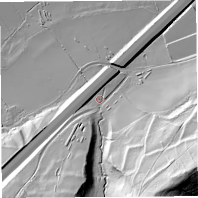 Shaded relief map of the ground around BS207RY, computed from Environment Agency LiDAR. The ground here sits at about 25 m above sea level and falls 103 m across the surrounding 800 m. Surface water reaching this point runs off ground lying to the south-east, 81.8 m higher.