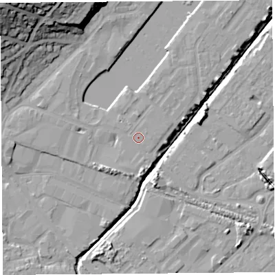 Shaded relief map of the ground around BS207SG, computed from Environment Agency LiDAR. The ground here sits at about 9 m above sea level and falls 32 m across the surrounding 800 m. The ground contributing surface water to this point lies to the east-north-east.