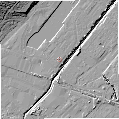 Shaded relief map of the ground around BS207SH, computed from Environment Agency LiDAR. The ground here sits at about 9 m above sea level and falls 31 m across the surrounding 800 m. Surface water reaching this point runs off ground lying to the south-south-west, 1.1 m higher.