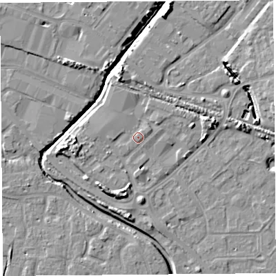 Shaded relief map of the ground around BS207SS, computed from Environment Agency LiDAR. The ground here sits at about 8 m above sea level and falls 9 m across the surrounding 800 m. Surface water reaching this point runs off ground lying to the west, 1.2 m higher.