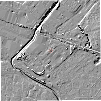 Shaded relief map of the ground around BS207ST, computed from Environment Agency LiDAR. The ground here sits at about 8 m above sea level and falls 9 m across the surrounding 800 m. Surface water reaching this point runs off ground lying to the north-north-west, 5.5 m higher.