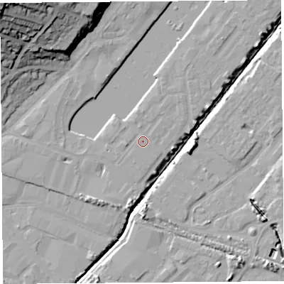 Shaded relief map of the ground around BS207SW, computed from Environment Agency LiDAR. The ground here sits at about 9 m above sea level and falls 41 m across the surrounding 800 m. Surface water reaching this point runs off ground lying to the west-south-west, 1.0 m higher.