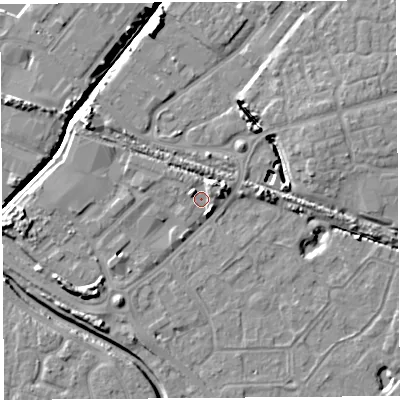 Shaded relief map of the ground around BS207SX, computed from Environment Agency LiDAR. The ground here sits at about 8 m above sea level and falls 9 m across the surrounding 800 m. Surface water reaching this point runs off ground lying to the east-north-east, 3.5 m higher.