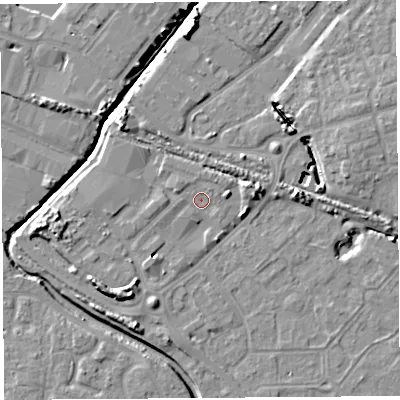 Shaded relief map of the ground around BS207SZ, computed from Environment Agency LiDAR. The ground here sits at about 7 m above sea level and falls 9 m across the surrounding 800 m. Surface water reaching this point runs off ground lying to the north-west, 5.5 m higher.