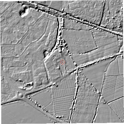 Shaded relief map of the ground around BS207TA, computed from Environment Agency LiDAR. The ground here sits at about 7 m above sea level and falls 6 m across the surrounding 800 m. Surface water reaching this point runs off ground lying to the east-south-east, 2.5 m higher.