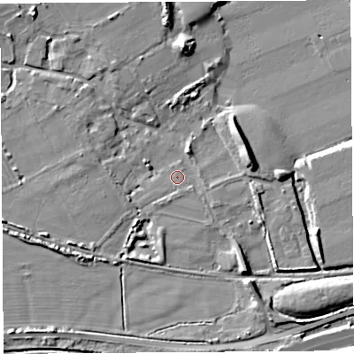 Shaded relief map of the ground around BS207TF, computed from Environment Agency LiDAR. The ground here sits at about 8 m above sea level and falls 11 m across the surrounding 800 m. The ground contributing surface water to this point lies to the north.