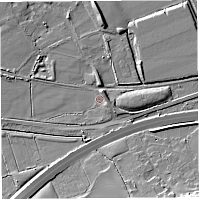Shaded relief map of the ground around BS207TG, computed from Environment Agency LiDAR. The ground here sits at about 8 m above sea level and falls 19 m across the surrounding 800 m. Surface water reaching this point runs off ground lying to the east-north-east, 4.8 m higher.