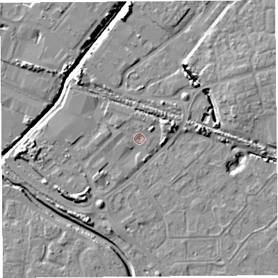 Shaded relief map of the ground around BS207TL, computed from Environment Agency LiDAR. The ground here sits at about 7 m above sea level and falls 9 m across the surrounding 800 m. Surface water reaching this point runs off ground lying to the north-west, 5.5 m higher.