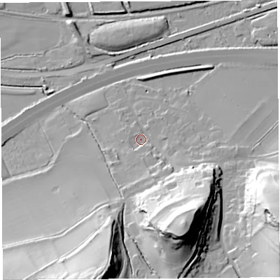 Shaded relief map of the ground around BS207TN, computed from Environment Agency LiDAR. The ground here sits at about 12 m above sea level and falls 48 m across the surrounding 800 m. Surface water reaching this point runs off ground lying to the south-south-east, 7.7 m higher.