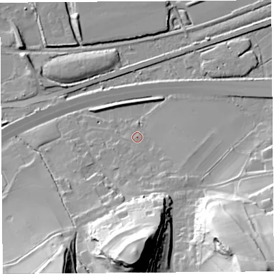 Shaded relief map of the ground around BS207TQ, computed from Environment Agency LiDAR. The ground here sits at about 10 m above sea level and falls 56 m across the surrounding 800 m. Surface water reaching this point runs off ground lying to the south, 37.9 m higher.