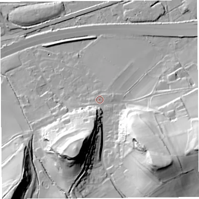 Shaded relief map of the ground around BS207TW, computed from Environment Agency LiDAR. The ground here sits at about 14 m above sea level and falls 56 m across the surrounding 800 m. Surface water reaching this point runs off ground lying to the south-south-west, 32.2 m higher.
