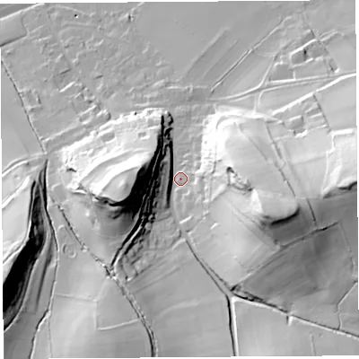 Shaded relief map of the ground around BS207TX, computed from Environment Agency LiDAR. The ground here sits at about 17 m above sea level and falls 54 m across the surrounding 800 m. Surface water reaching this point runs off ground lying to the east-south-east, 45.3 m higher.