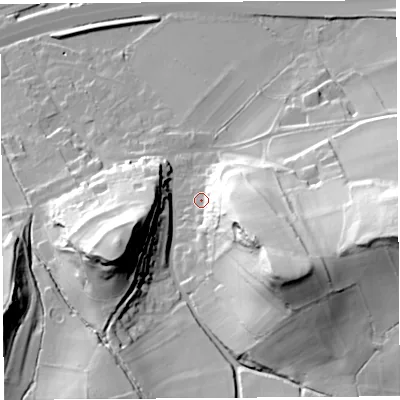 Shaded relief map of the ground around BS207TY, computed from Environment Agency LiDAR. The ground here sits at about 17 m above sea level and falls 55 m across the surrounding 800 m. Surface water reaching this point runs off ground lying to the east-south-east, 29.0 m higher.
