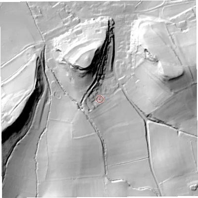Shaded relief map of the ground around BS207UB, computed from Environment Agency LiDAR. The ground here sits at about 23 m above sea level and falls 57 m across the surrounding 800 m. Surface water reaching this point runs off ground lying to the west, 9.0 m higher.