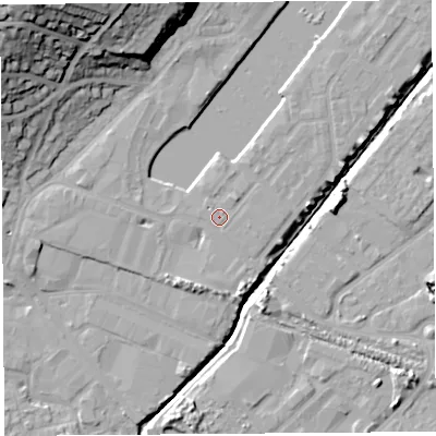 Shaded relief map of the ground around BS207UG, computed from Environment Agency LiDAR. The ground here sits at about 9 m above sea level and falls 36 m across the surrounding 800 m. The ground contributing surface water to this point lies to the south-east.