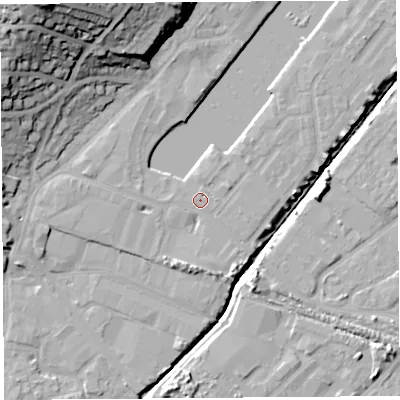 Shaded relief map of the ground around BS207UH, computed from Environment Agency LiDAR. The ground here sits at about 9 m above sea level and falls 39 m across the surrounding 800 m. Surface water reaching this point runs off ground lying to the east-north-east, 1.2 m higher.