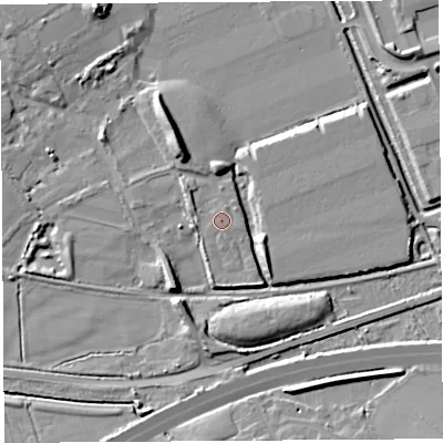 Shaded relief map of the ground around BS207WW, computed from Environment Agency LiDAR. The ground here sits at about 9 m above sea level and falls 11 m across the surrounding 800 m. Surface water reaching this point runs off ground lying to the south, 1.9 m higher.
