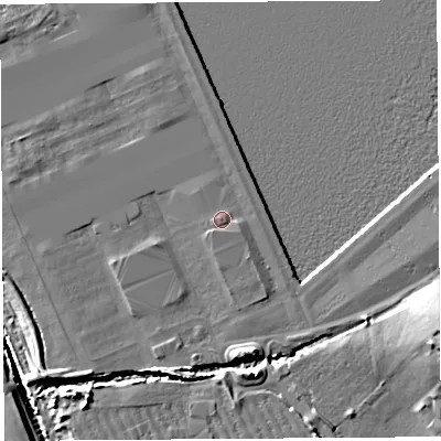 Shaded relief map of the ground around BS207XF, computed from Environment Agency LiDAR. The ground here sits at about 10 m above sea level and falls 11 m across the surrounding 800 m. Surface water reaching this point runs off ground lying to the south-south-west, 0.7 m higher.