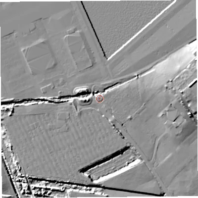 Shaded relief map of the ground around BS207XJ, computed from Environment Agency LiDAR. The ground here sits at about 10 m above sea level and falls 15 m across the surrounding 800 m. Surface water reaching this point runs off ground lying to the east, 3.7 m higher.