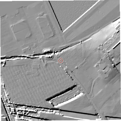 Shaded relief map of the ground around BS207XL, computed from Environment Agency LiDAR. The ground here sits at about 10 m above sea level and falls 15 m across the surrounding 800 m. Surface water reaching this point runs off ground lying to the south-south-east, 2.5 m higher.